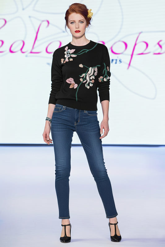 Pull LUANA  brodé de fleurs et motifs végétaux noir en viscose, look pull jean