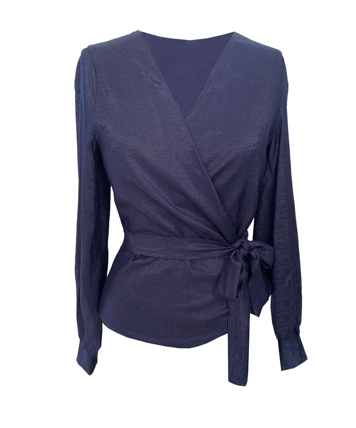 NORA iridescent blue wrapover top