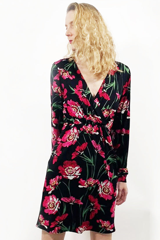 Robe AMELIA pivoines - Phalaenopsis Paris - Robe à manches longues en maille viscose imprimée de fleurs roses, robe éthique à manches longues