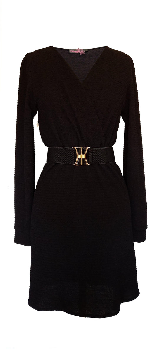Robe AMELIA noir - Phalaenopsis Paris - Robe midi en maille noire gaufrée élastiquée à la taille