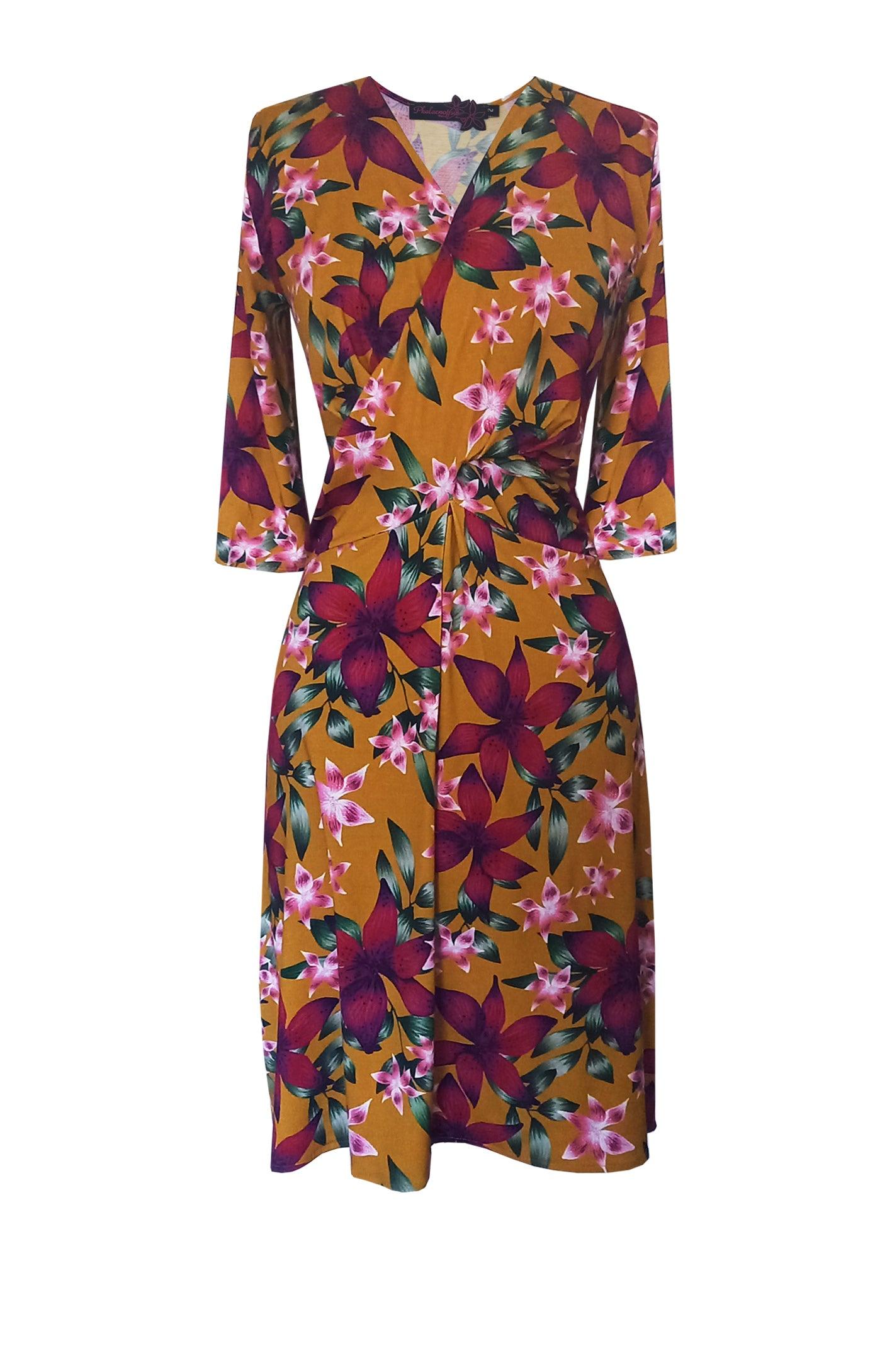 ROSALIE lily flowers - Wrap dress in mustard printed viscose