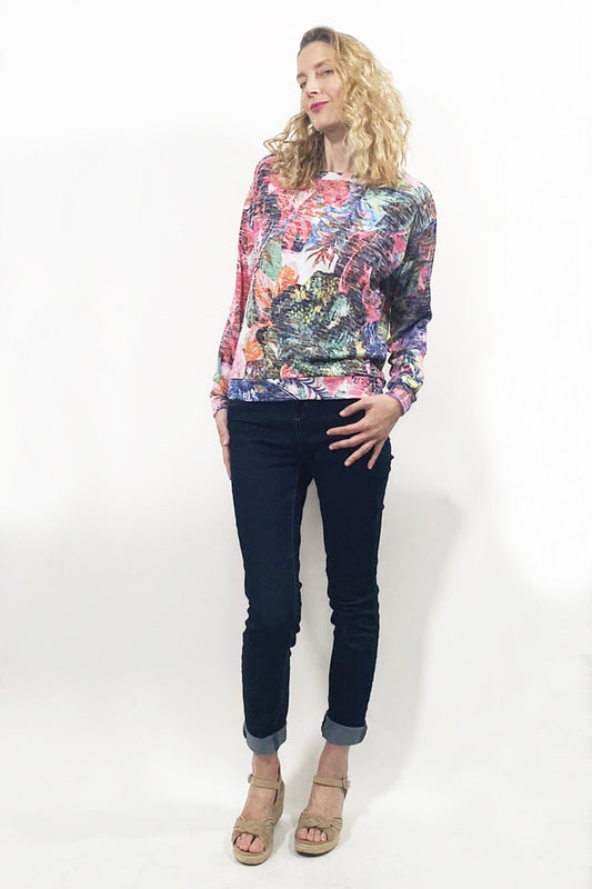 Pull SOFIA amazone - Phalaenopsis Paris - Pull léger en maille imprimée viscose multicolore, ensemble pull et jean, pull coloré, pull été