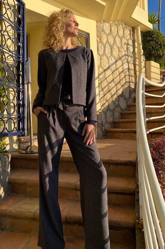 Pantalon LULU gris chiné - Phalaenopsis Paris - Pantalon d'hiver large taille haute en laine mélangée, pantalon tailleur pour femme