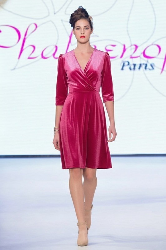 Robe ELISE en velours stretch rose fushia à manches 3/4