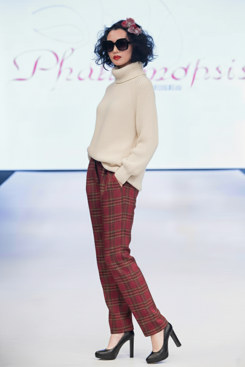 Pantalon EDEN tartan bordeaux en polyester et viscose éco-responsable