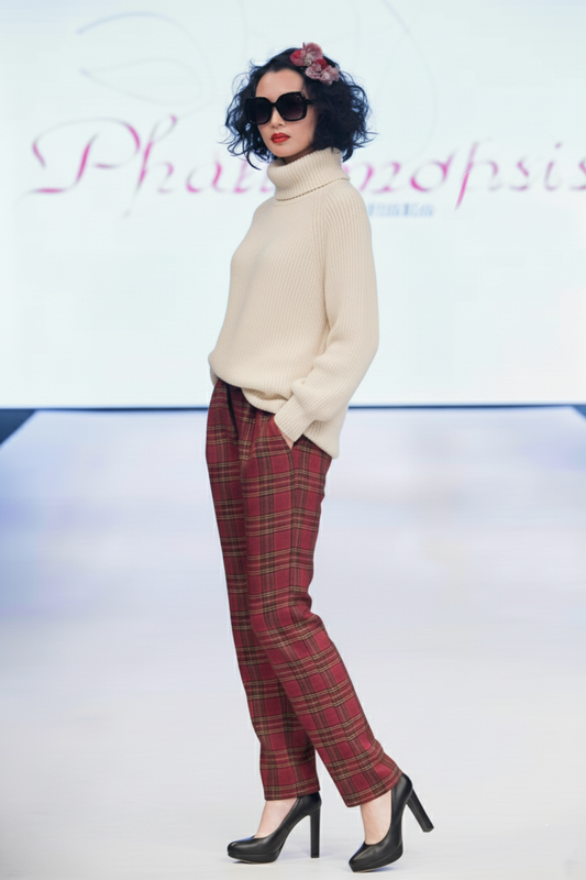 Pantalon EDEN tartan bordeaux en polyester et viscose éco-responsable