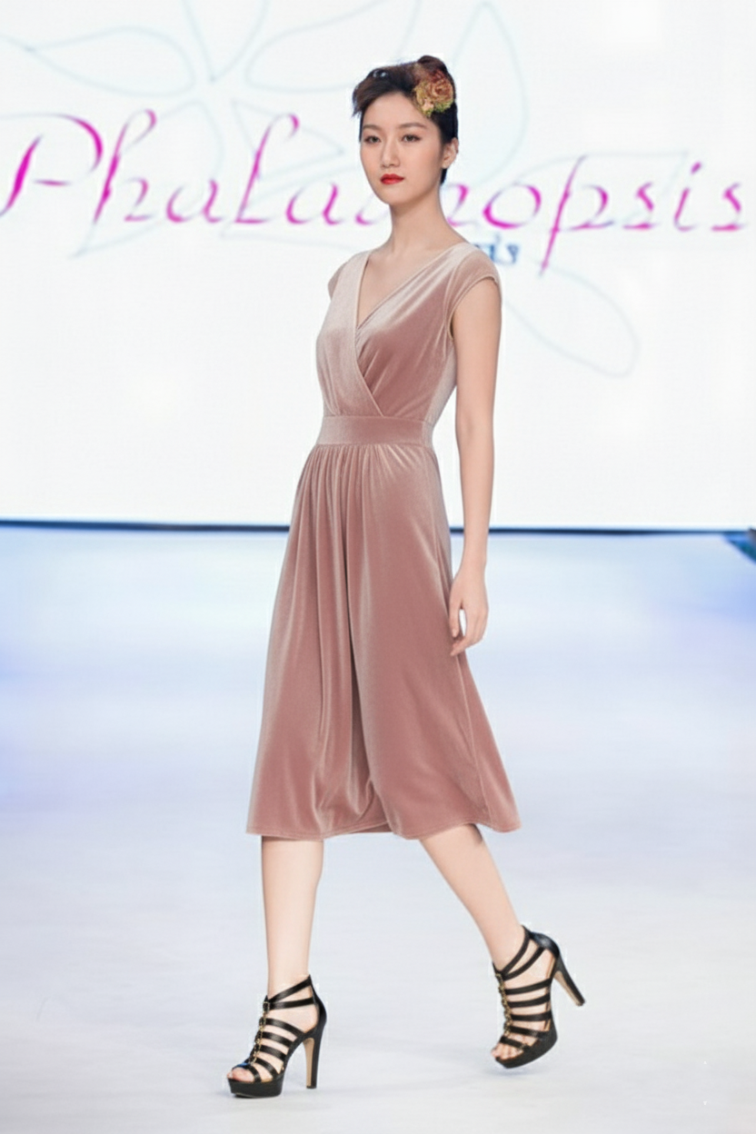 Robe AMANDA en velours stretch éco-responsable à petites manches nude et noir