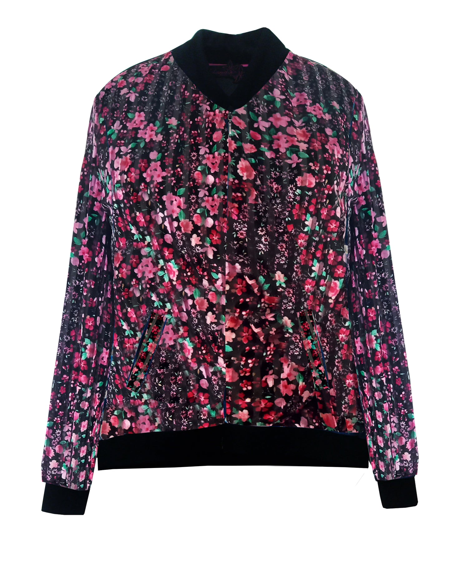 Blouson zippé SWALI  pour femme en velours imprimé de fleurs rose fushia, vert et noir