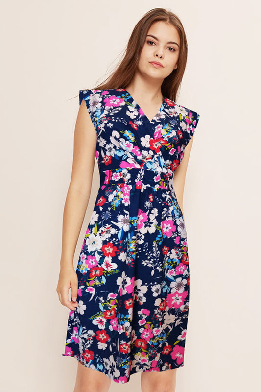 AMANDA goccia - Robe bleue en crêpe imprimée de motifs floraux roses, rouges et blancs, robe à fleurs printemps, robe éthique