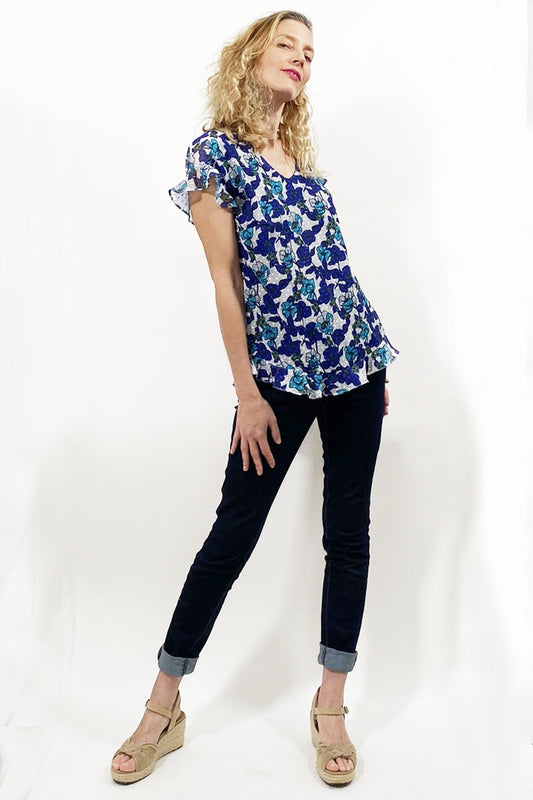 Top JUDITH ombra - Phalaenopsis Paris - blouse en organza à fleurs bleues et blanches, top upcyclé, top chic, blouse mariage