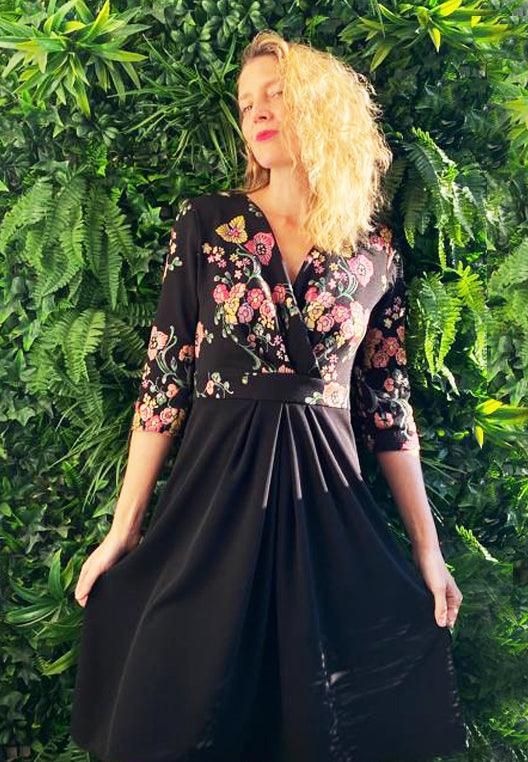 Robe MATISSE floral - Edition limitée - Phalaenopsis Paris - robe vintage, robe noire à fleurs, robe évasée, robe classe