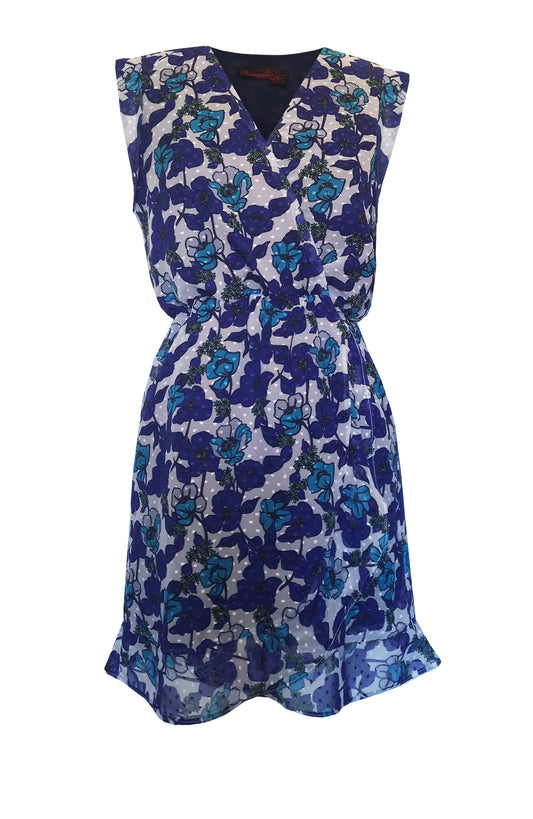 Robe COCO ombra manches courtes - Phalaenopsis Paris - Robe d'été en voile imprimé de fleurs bleues élastiquée à la taille, jupe croisée avec volant, robe sur-mesure, robe fait main