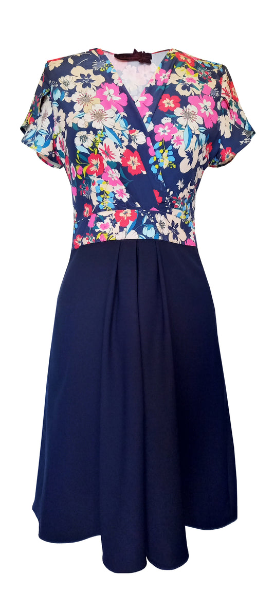 MATISSE goccia - Robe pour femme à petites manches, bleu imprimée de fleurs multicolores, robe de printemps, robe à fleurs, robe bleue