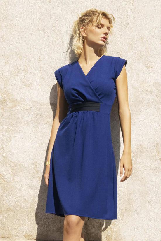 Robe bleu classe, robe habillée, robe femme entrée de saison, robe chic et éthique, robe stretch fabriqué en France